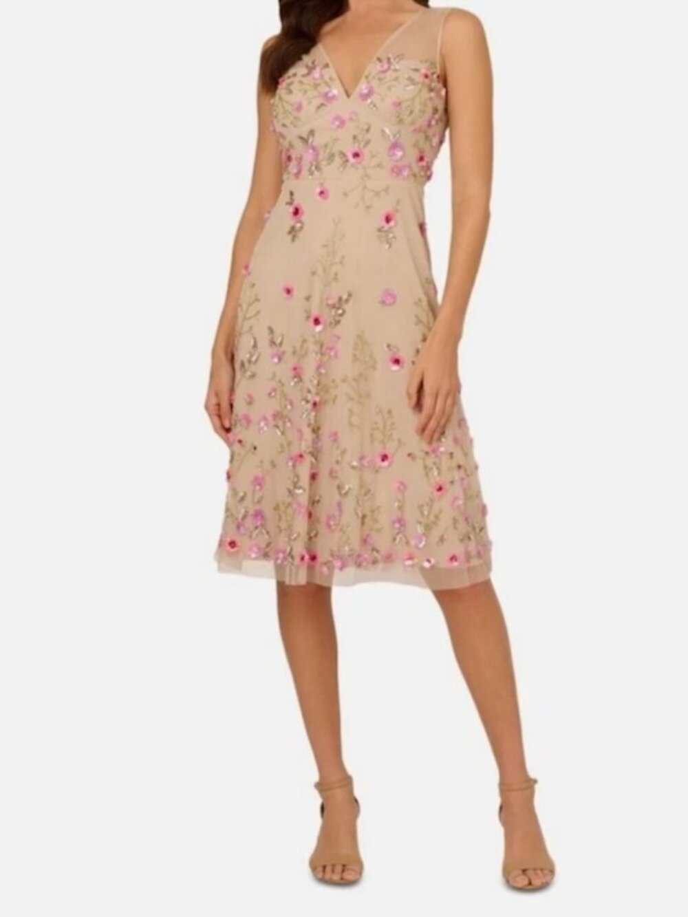 Adrianna Papell Biscotti Multi Beaded Sequin Floral Midi Dress